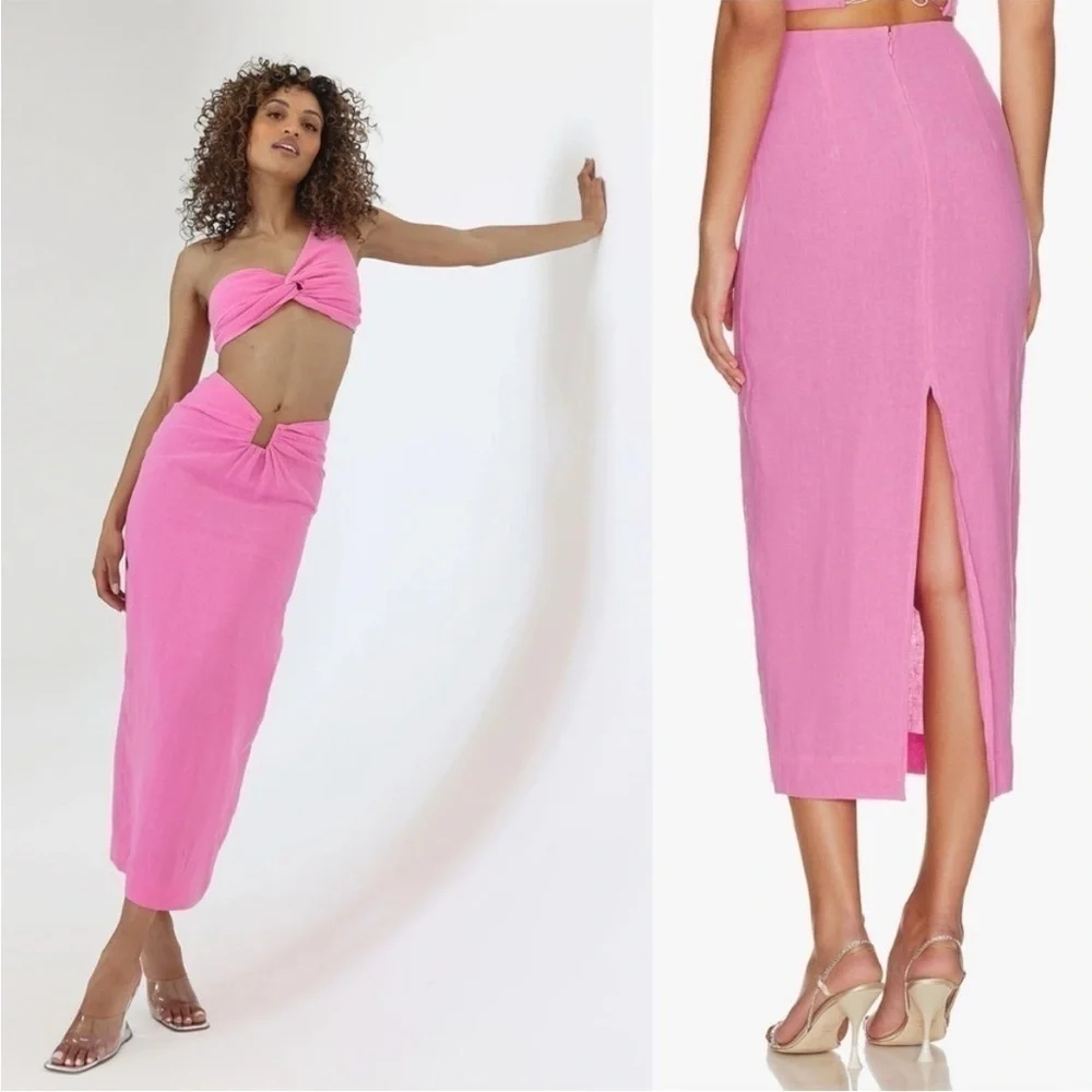 Natalie Rolt- Candy Pink Lilo High Waisted Linen Midi Skirt Size AU 3/ US 8